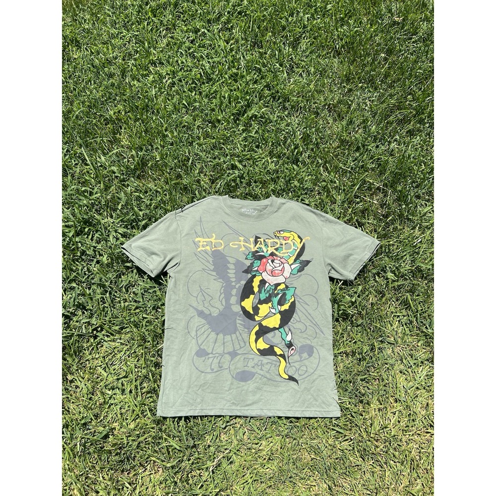 Ed Hardy Eagle' T-shirt Olive Green Color Snake  Rose graphic Men's Small
